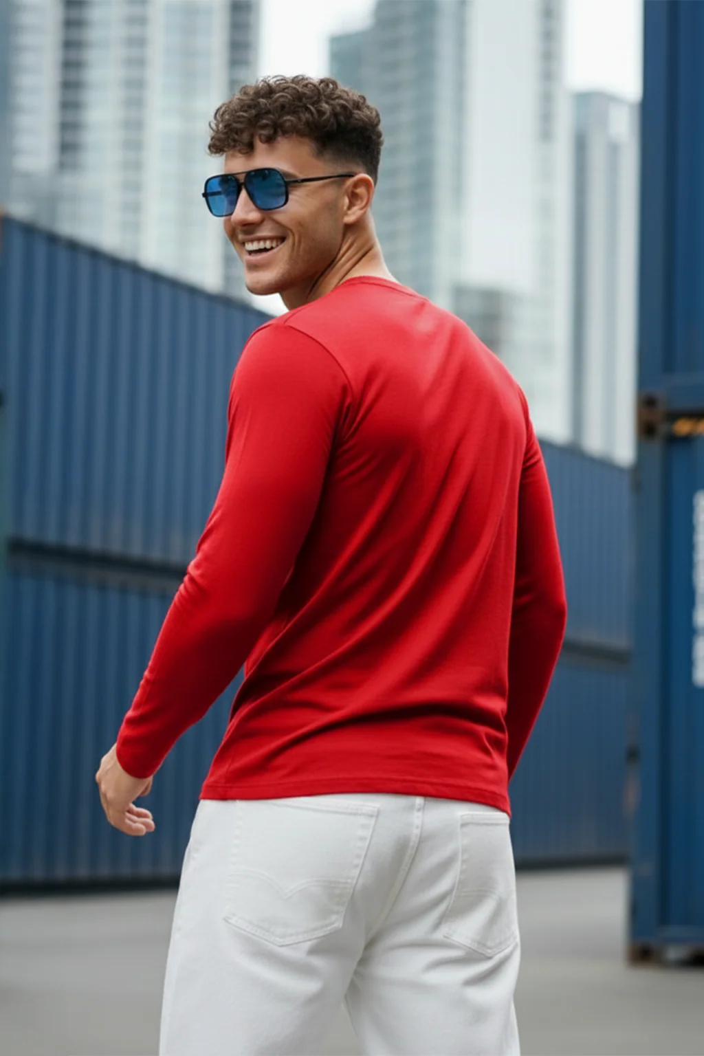 Red Plain Full Sleeves Regular Fit T-shirt - Image 3