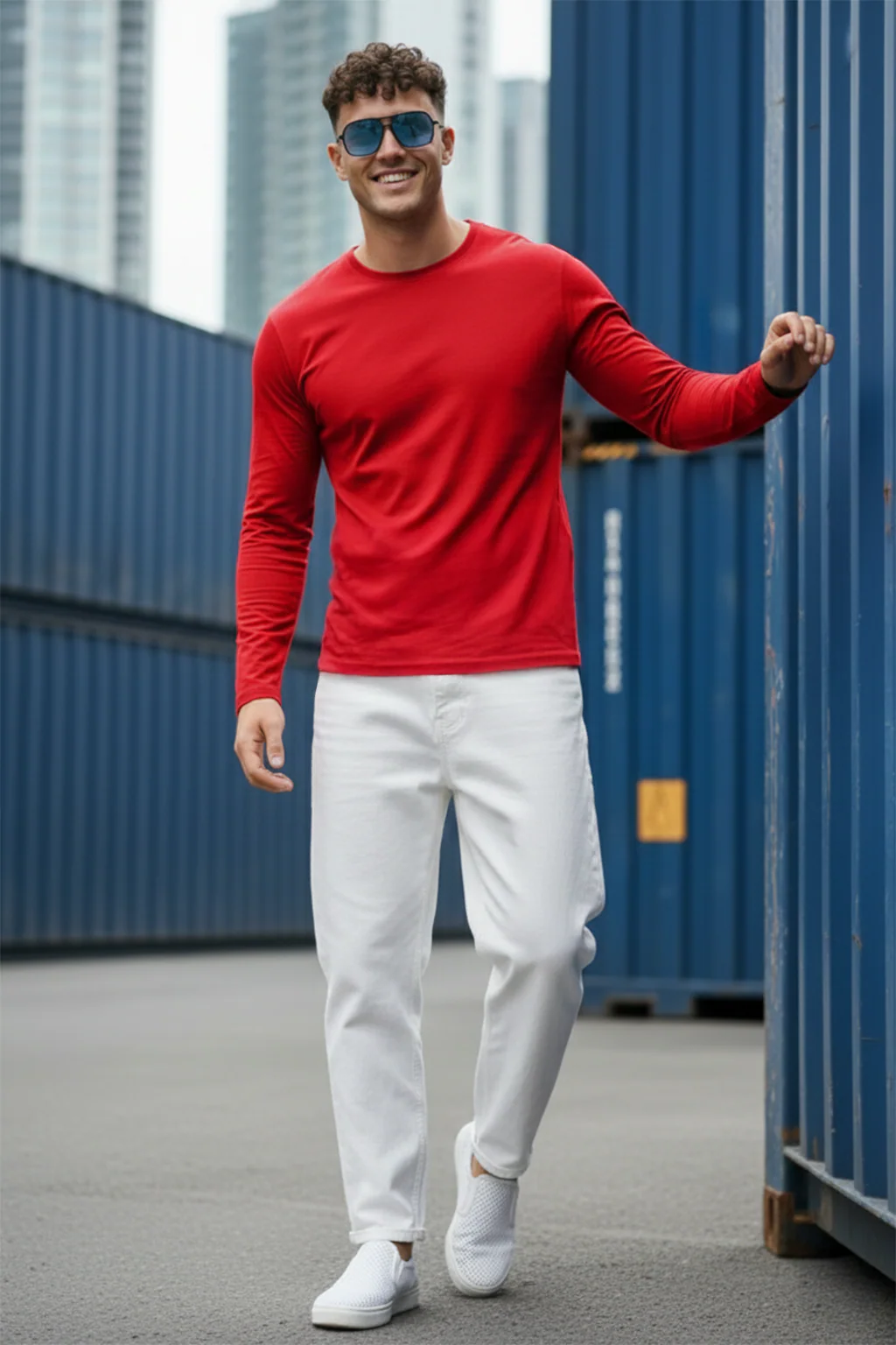 Red Plain Full Sleeves Regular Fit T-shirt - Image 4