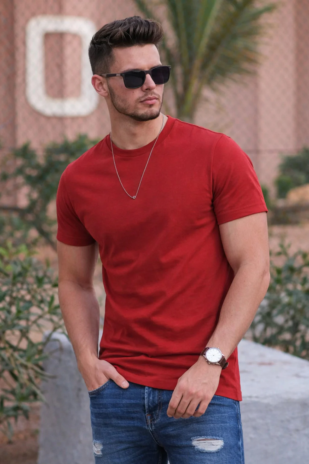 Red Plain Regular Fit T-shirt - Image 4