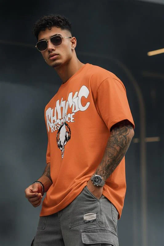 RHYTHMIC Orange Oversized Typographic Front Printed T-shirt - Image 3