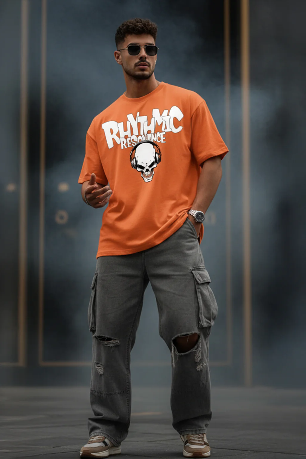 RHYTHMIC Orange Oversized Typographic Front Printed T-shirt - Image 4