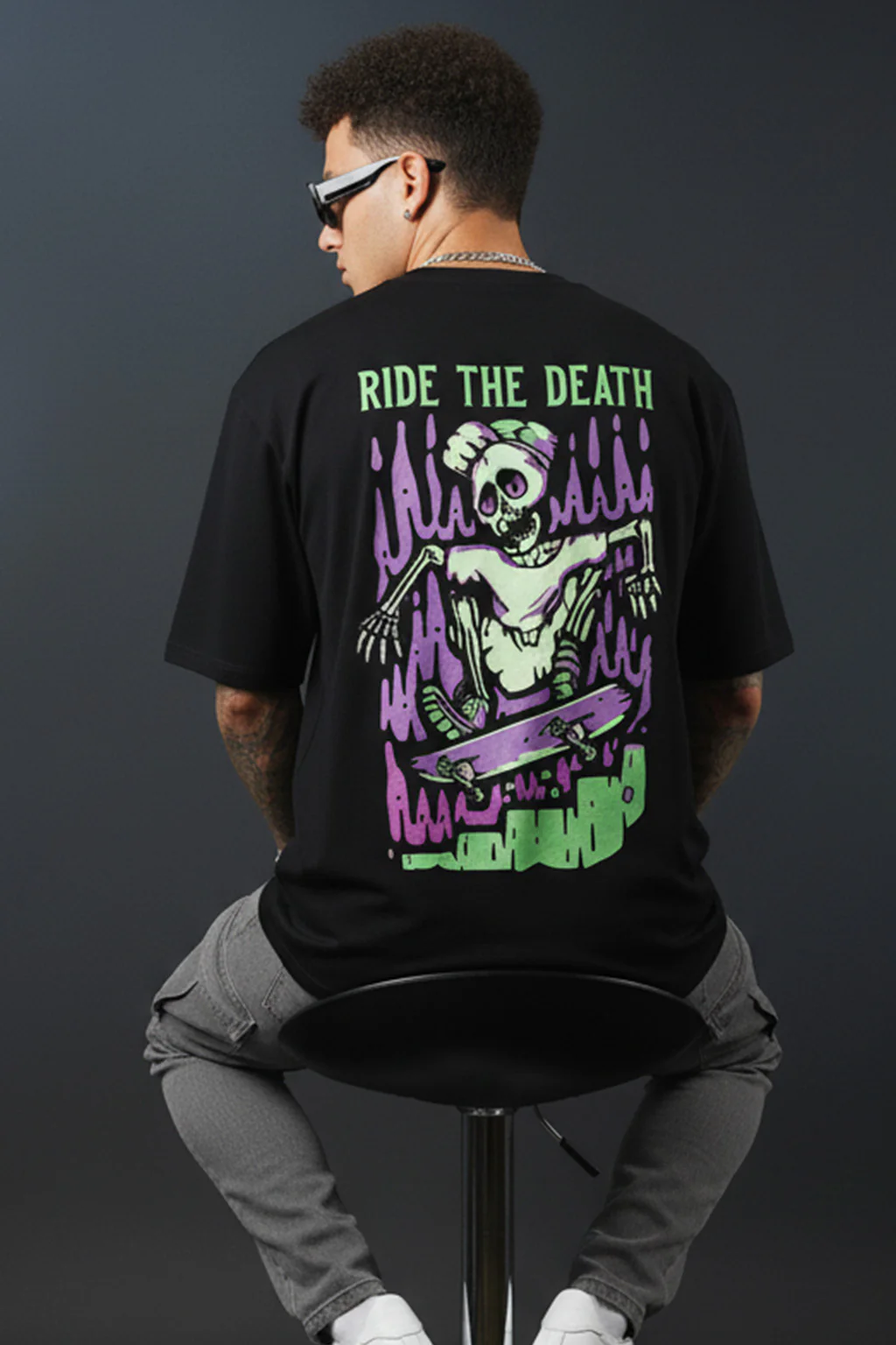 Ride The Death Black Oversized Graphic Printed T-shirt