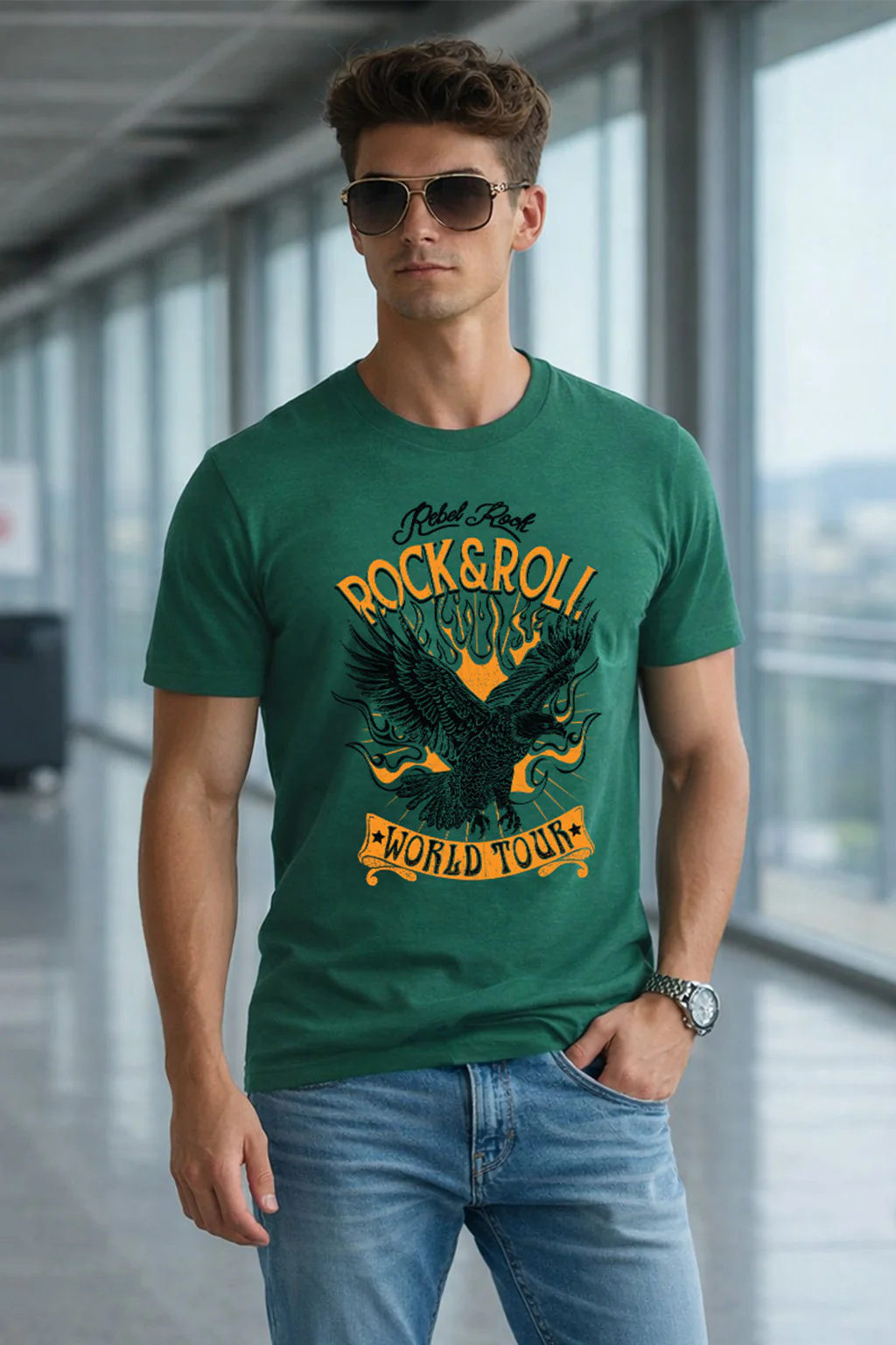 Rock And Roll Green Regular Fit Printed T-shirt - Image 3