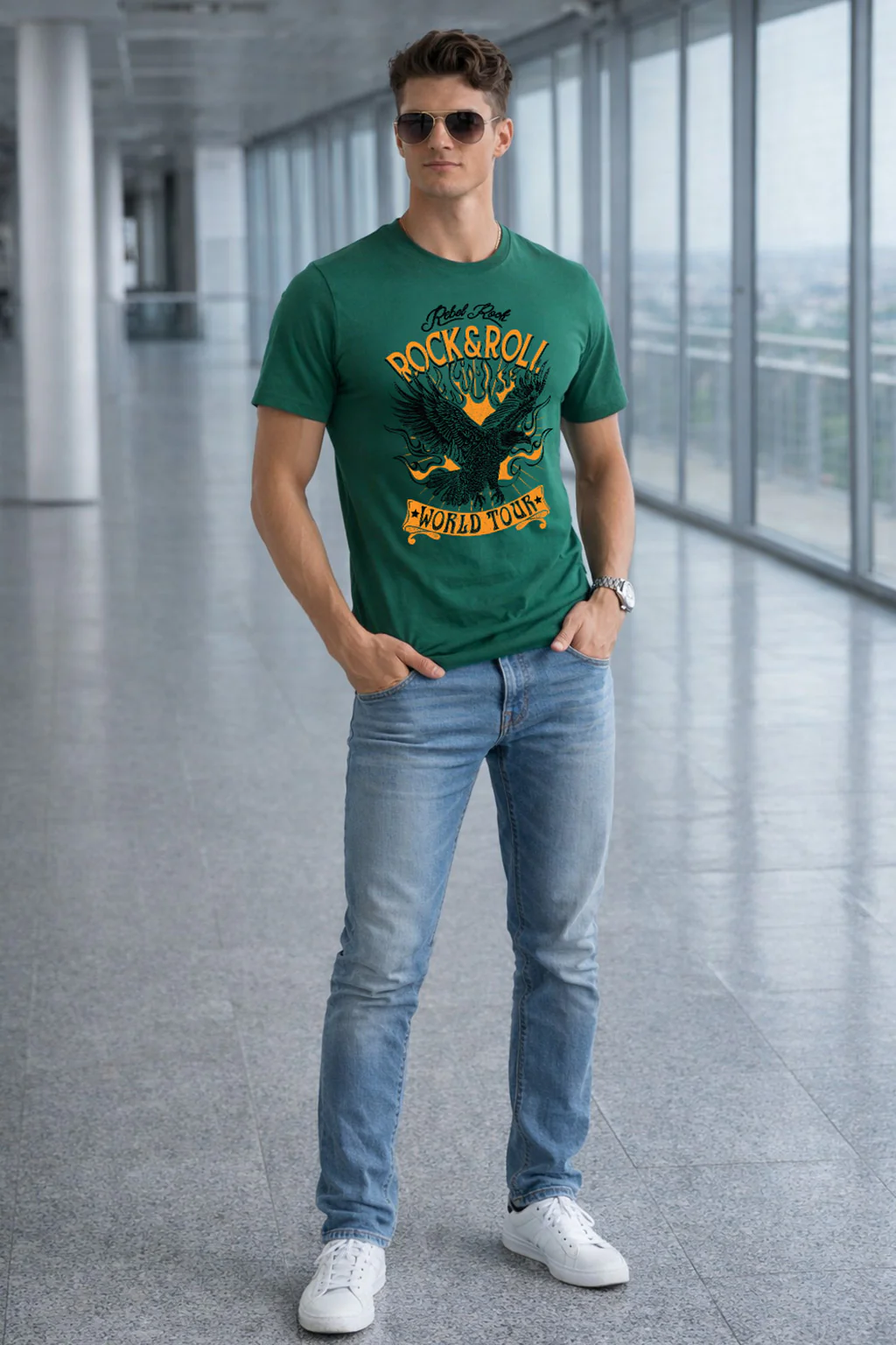 Rock And Roll Green Regular Fit Printed T-shirt - Image 5