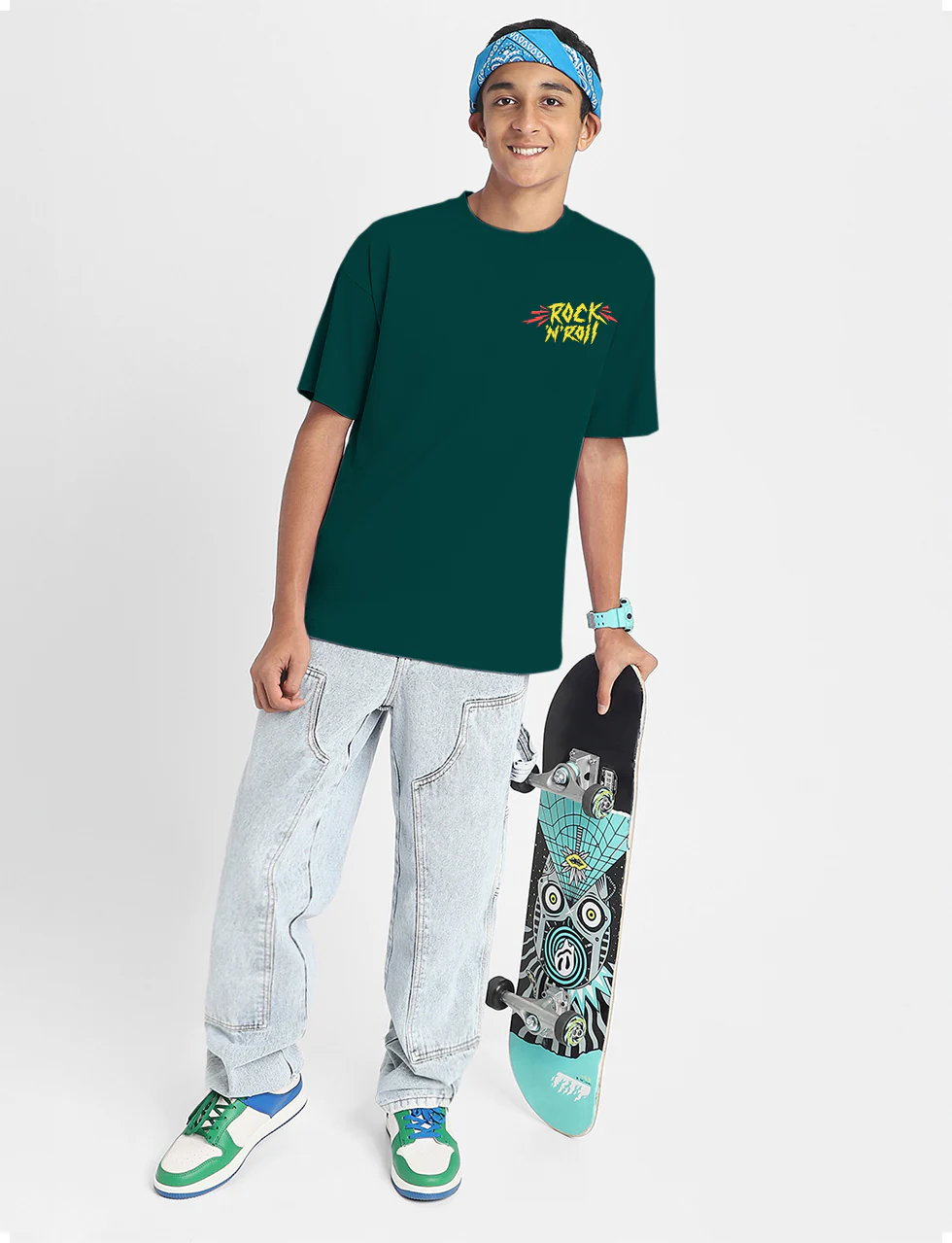 Rock & Roll Green Oversized Graphic Printed Boys T-shirt - Image 6
