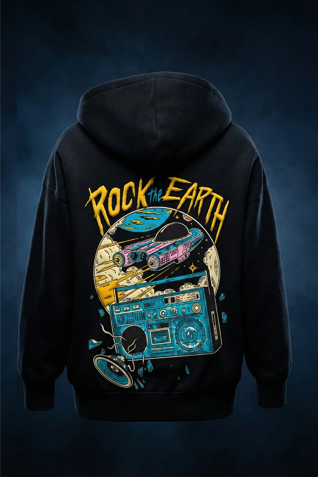 Rock The Earth Black Oversized Puff Printed Exclusive Hoodie - Image 3