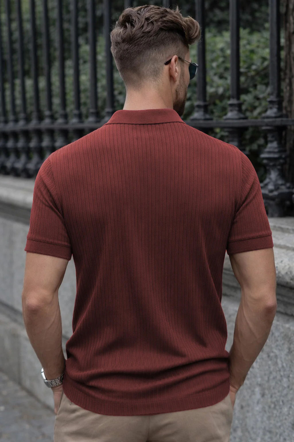 Dark Peach Ribknit Ribbed Plain Regular Fit Polo T-shirt - Image 3