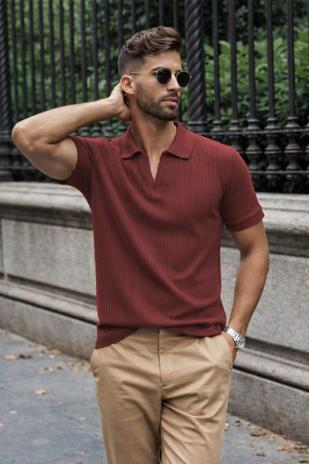 Dark Peach Ribknit Ribbed Plain Regular Fit Polo T-shirt - Image 4