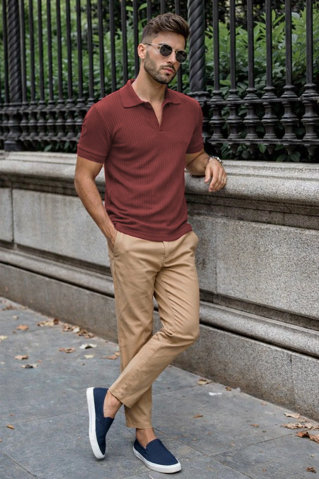 Dark Peach Ribknit Ribbed Plain Regular Fit Polo T-shirt - Image 5