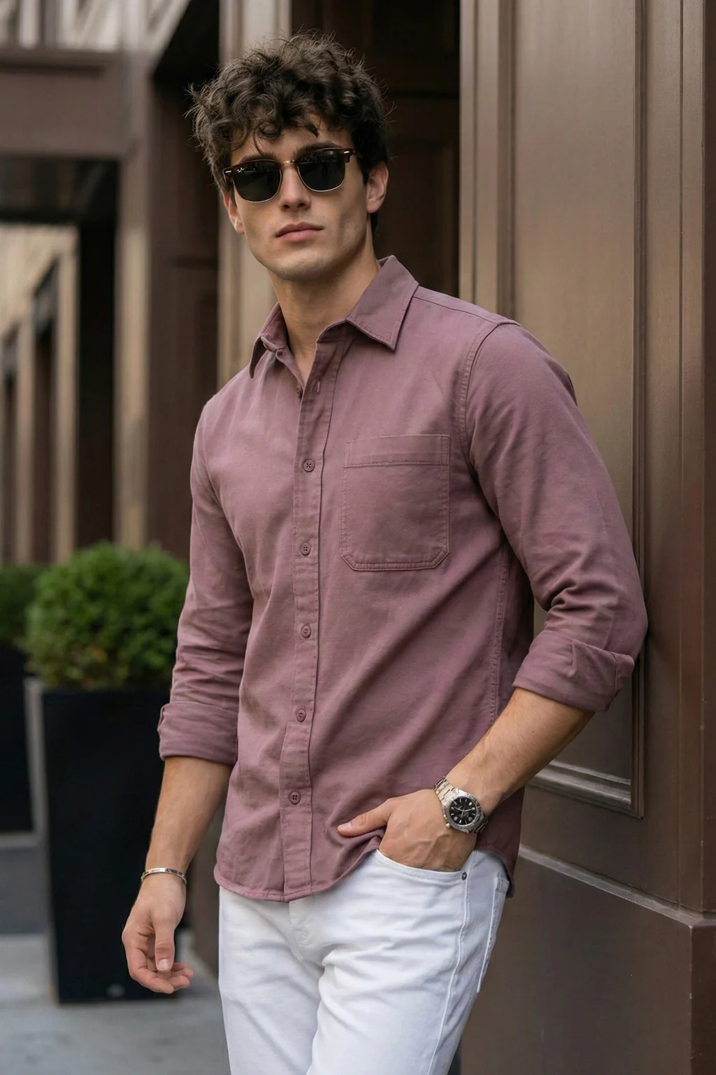 Rose Wood Pink Plain Regular Fit Single Pocket Full Sleeve Exclusive Shirt - Image 2