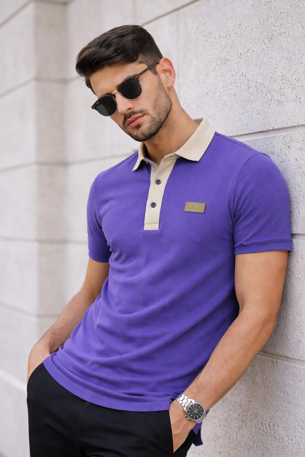 Royal Purple Contrast Collar Economic Regular Fit Pique Polo - Image 3