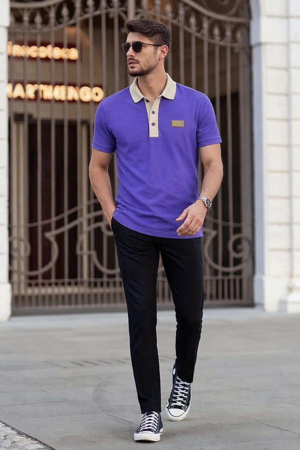 Royal Purple Contrast Collar Economic Regular Fit Pique Polo - Image 5