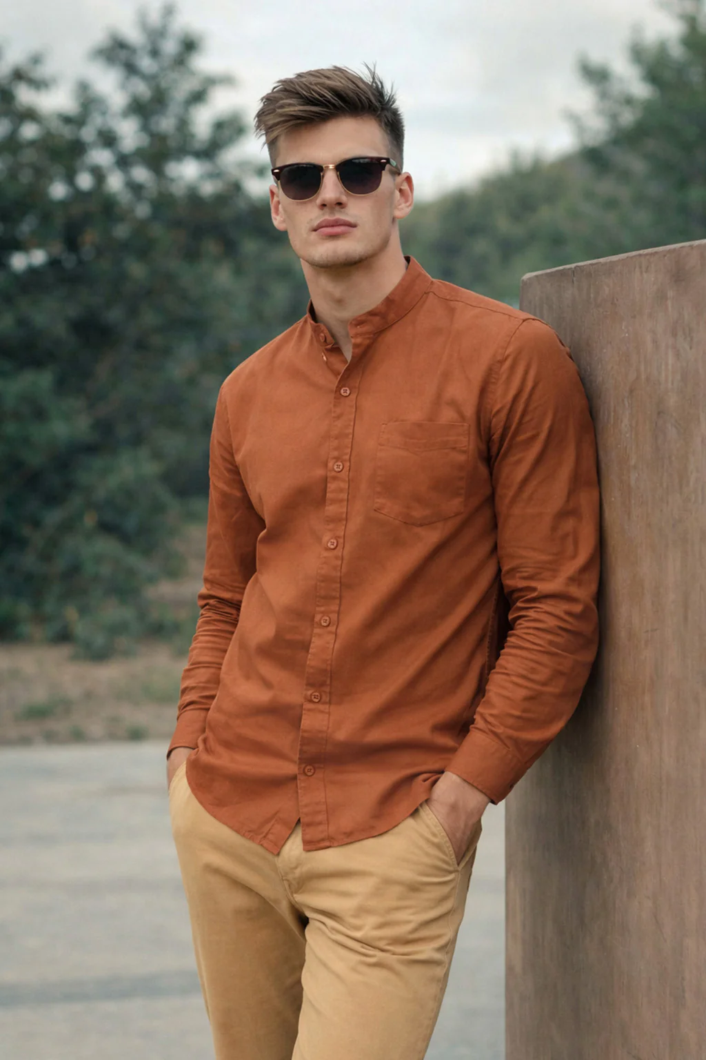 Rust Plain Regular Fit Chinese Collar Full Sleeve Exclusive Shirt - Image 2