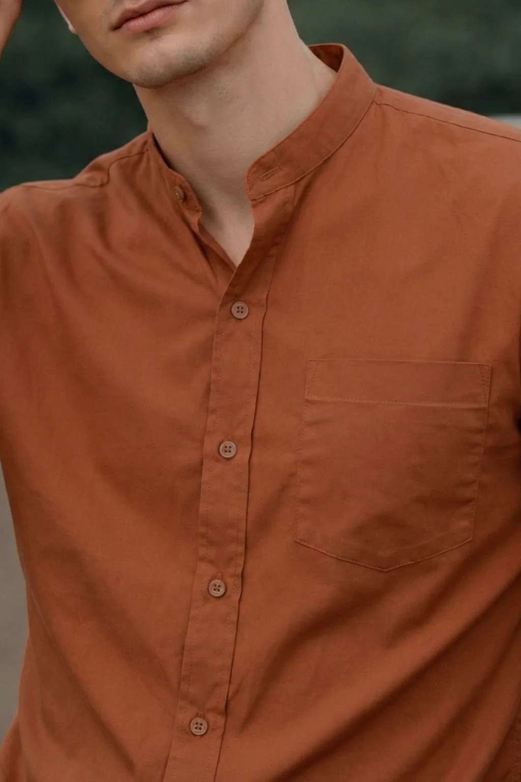 Rust Plain Regular Fit Chinese Collar Full Sleeve Exclusive Shirt - Image 3