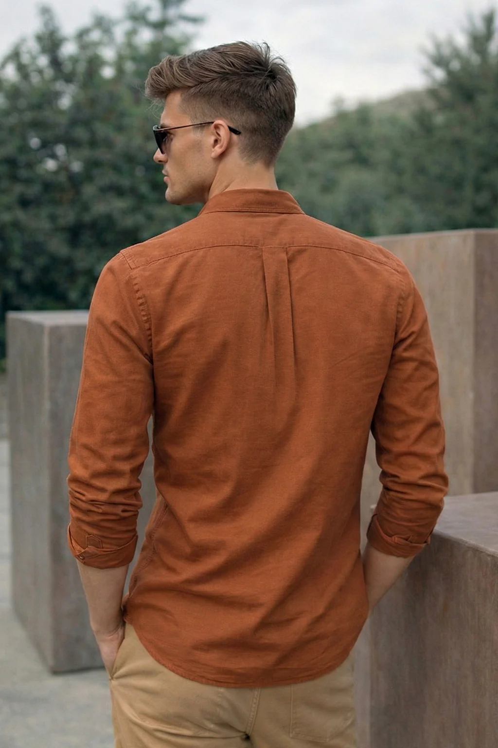 Rust Plain Regular Fit Chinese Collar Full Sleeve Exclusive Shirt - Image 4