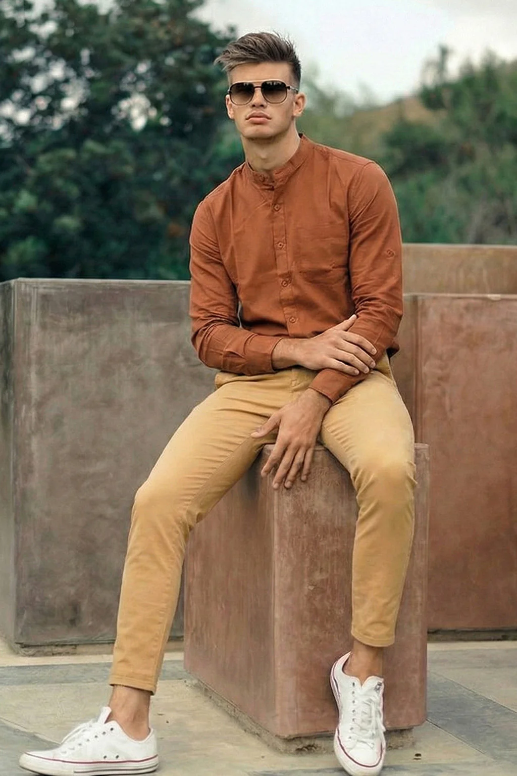 Rust Plain Regular Fit Chinese Collar Full Sleeve Exclusive Shirt - Image 5