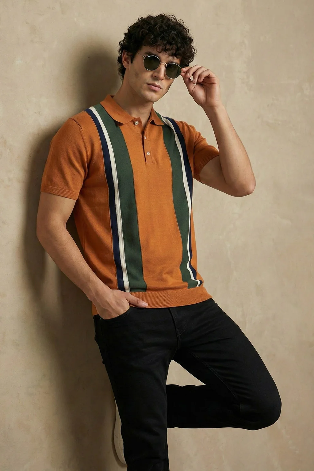Rust Yelllow Stripped Flatknit Textured Regular Fit Exclusive Polo T-Shirt - Image 3