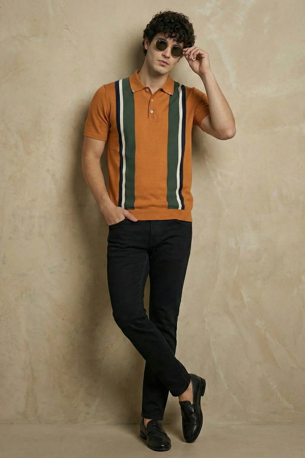 Rust Yelllow Stripped Flatknit Textured Regular Fit Exclusive Polo T-Shirt - Image 5