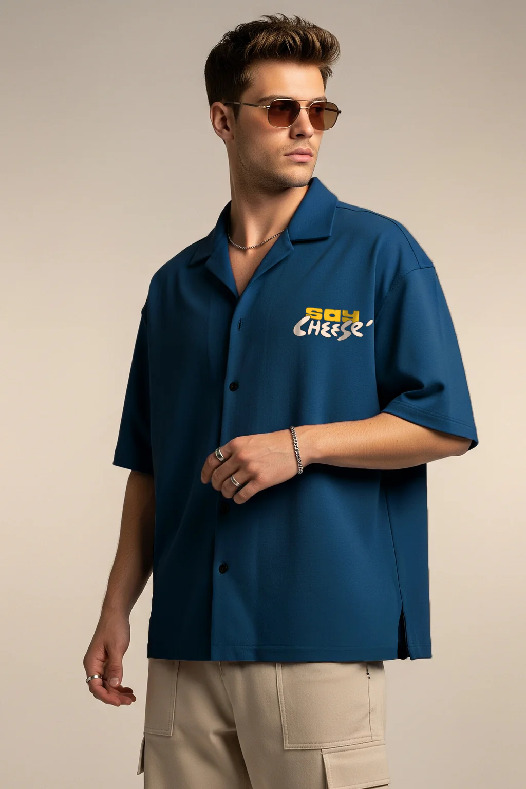 Say Cheese Navy Oversized Printed Exclusive Shirt - Image 6