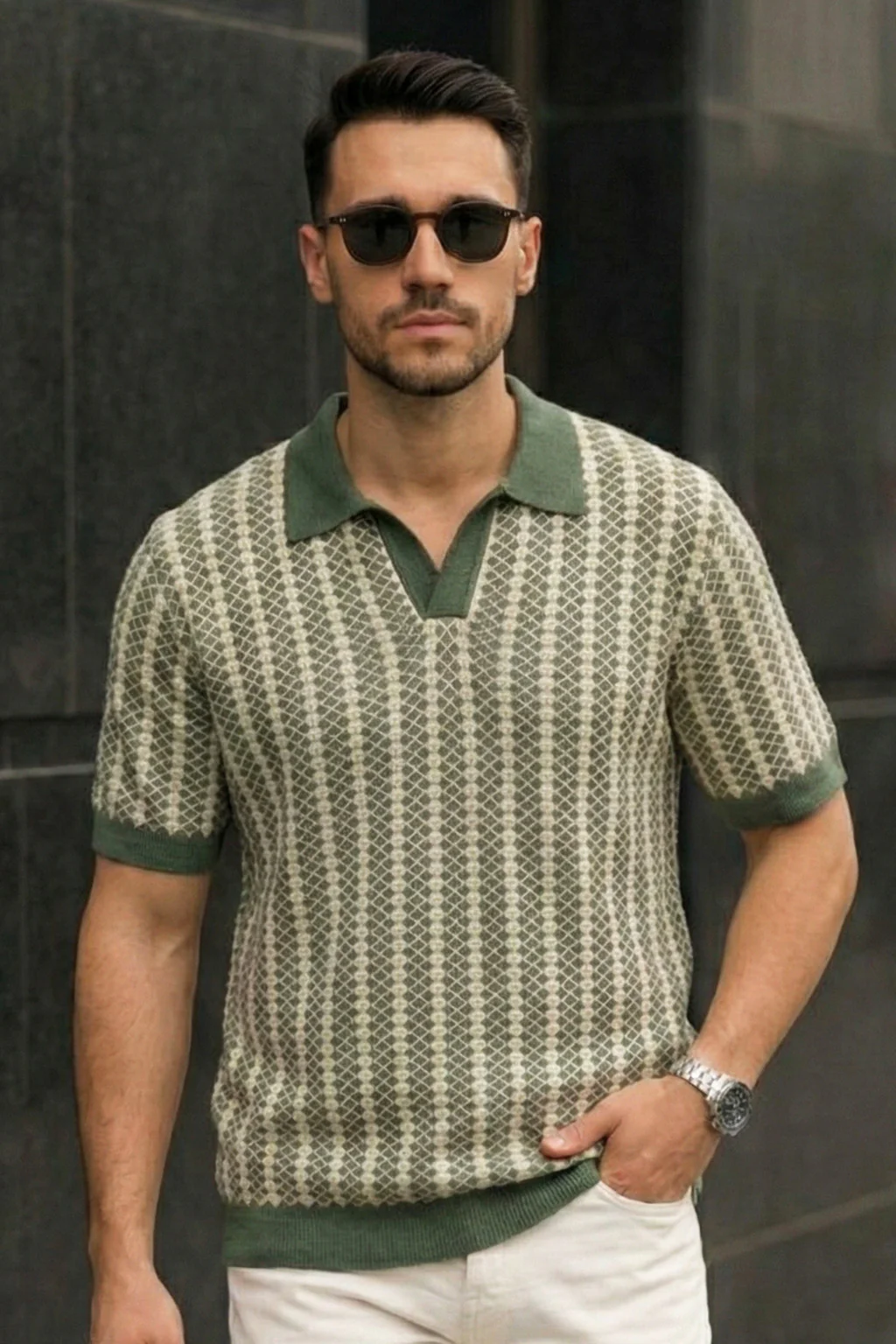 Signature Olive Green Flatknit Textured Boxy Fit Exclusive Polo T-Shirt - Image 3