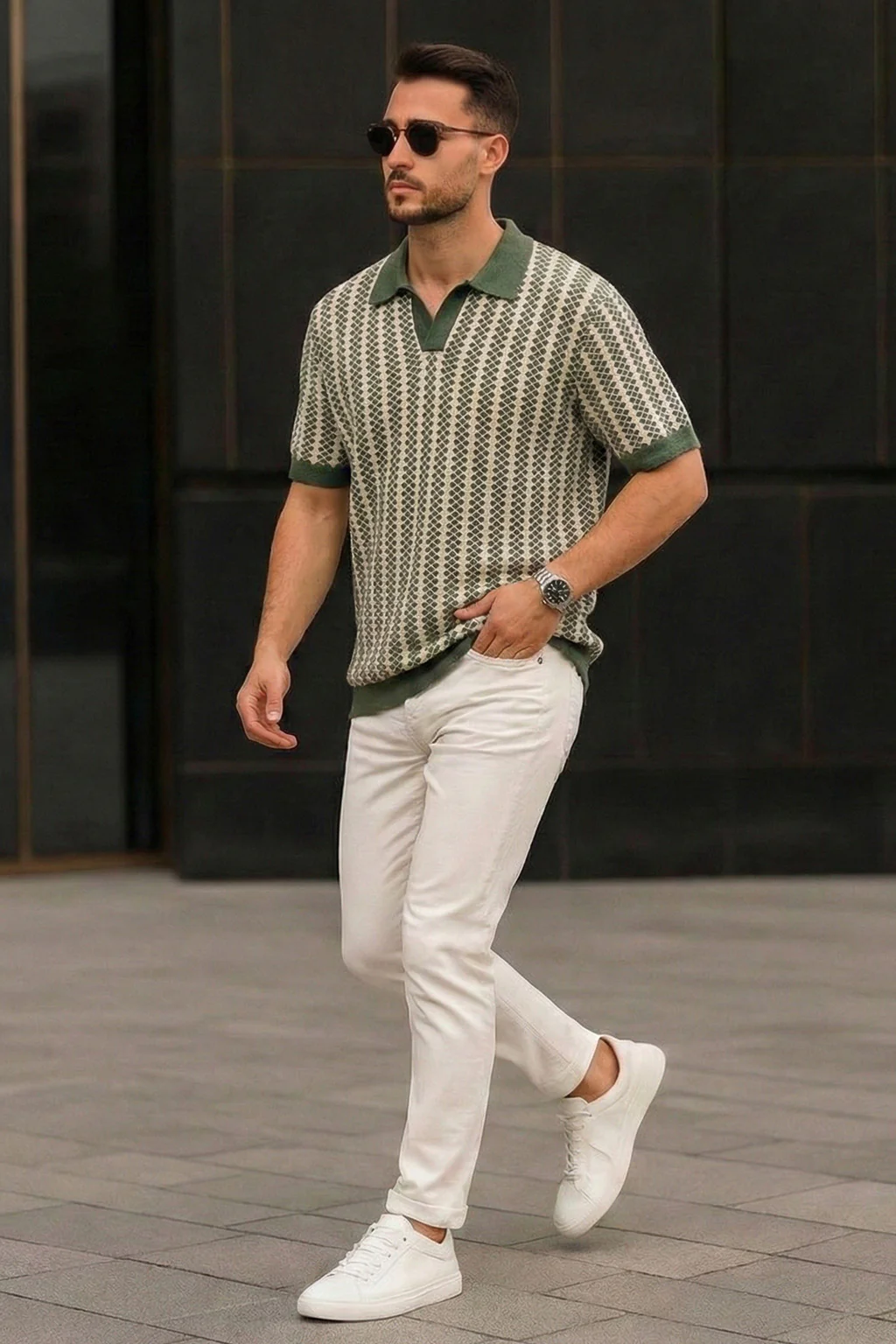 Signature Olive Green Flatknit Textured Boxy Fit Exclusive Polo T-Shirt - Image 5