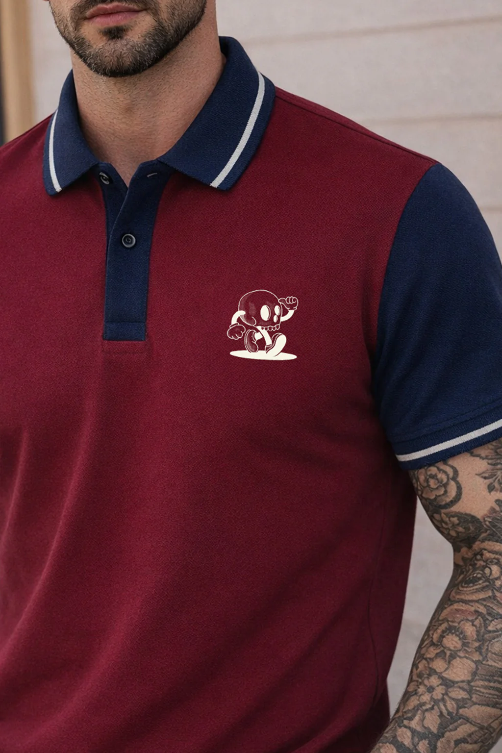 Skull Maroon Contrast Stripped Collar Economic Regular Fit Pique Polo - Image 2