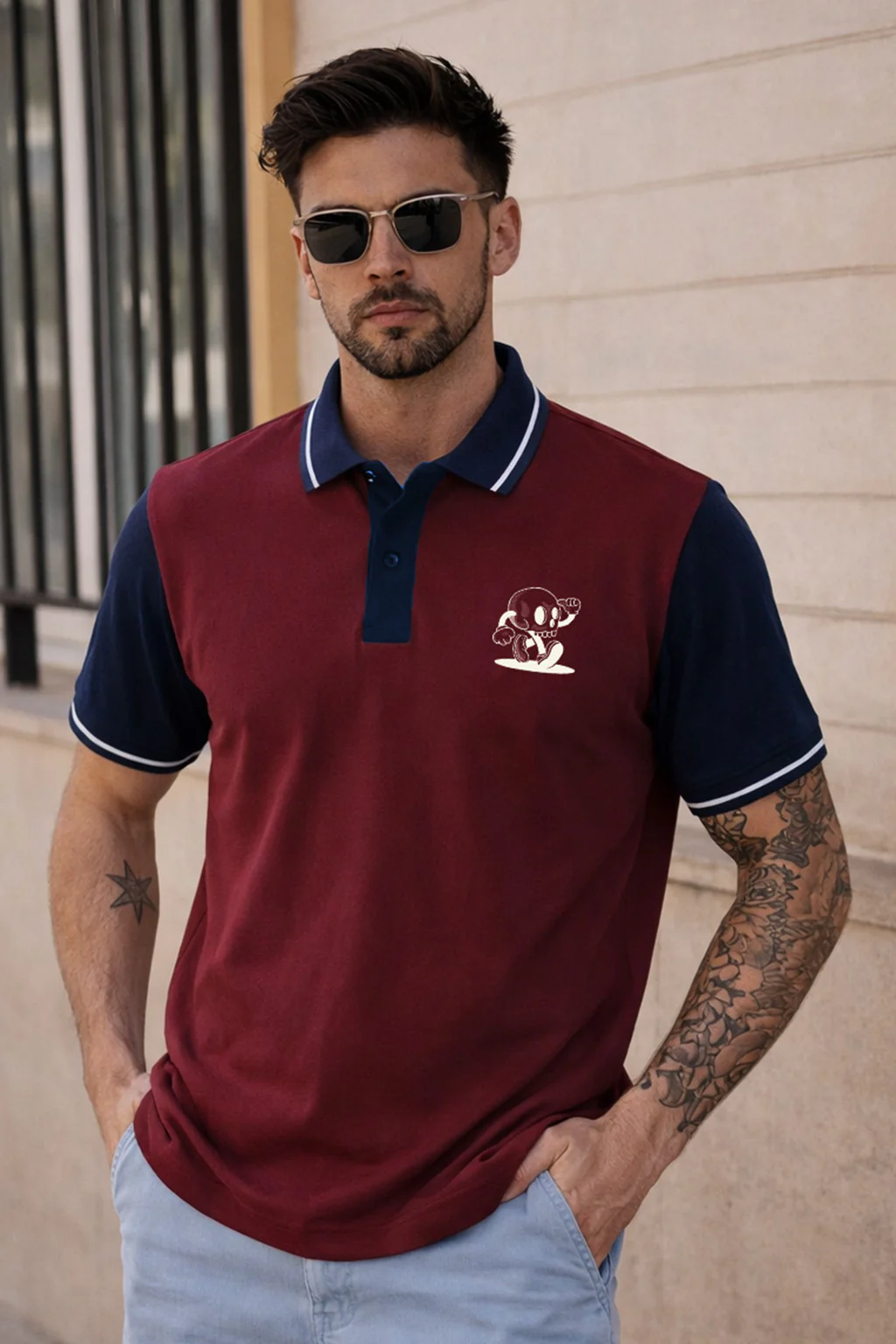 Skull Maroon Contrast Stripped Collar Economic Regular Fit Pique Polo - Image 3