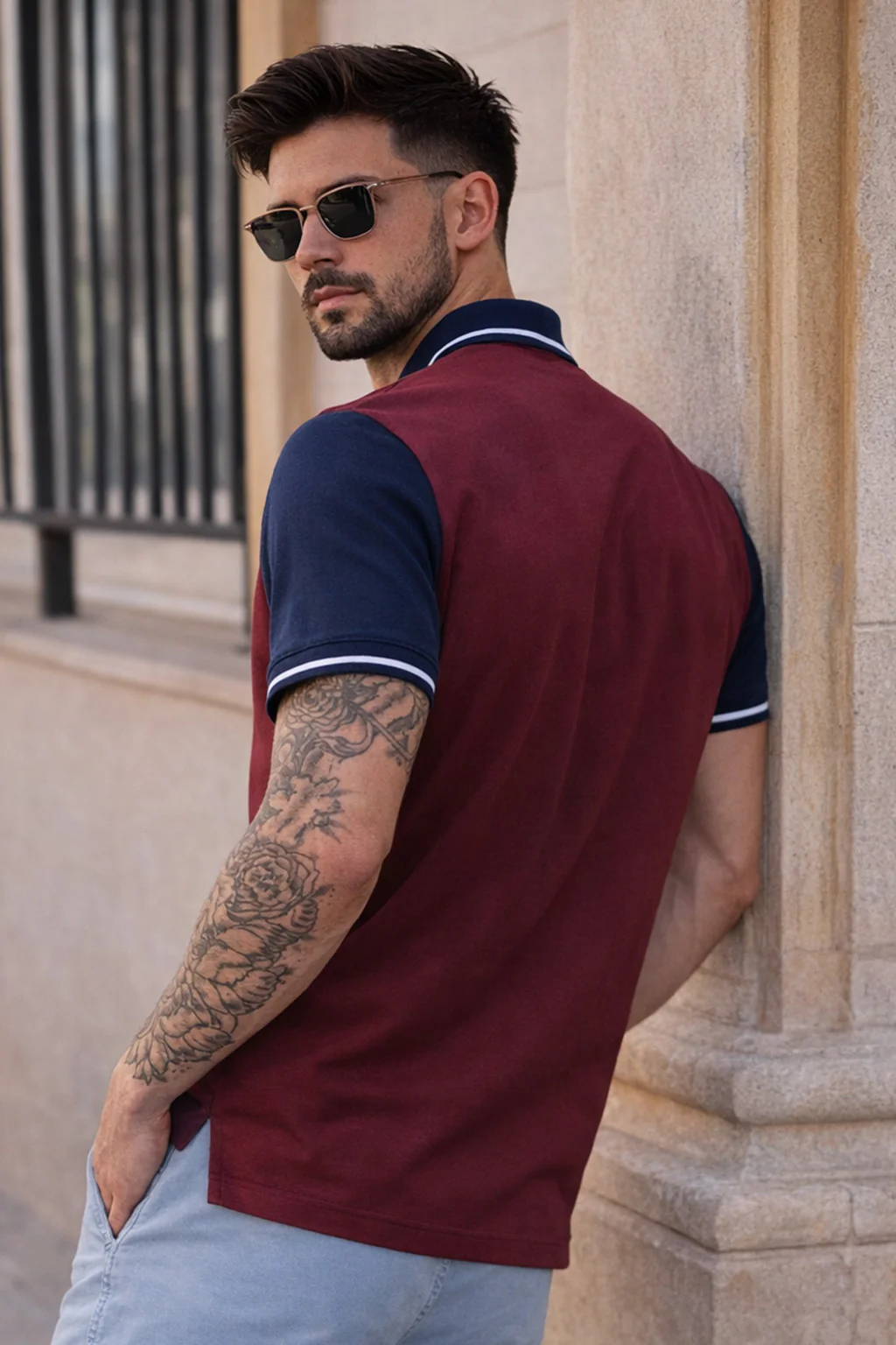 Skull Maroon Contrast Stripped Collar Economic Regular Fit Pique Polo - Image 4