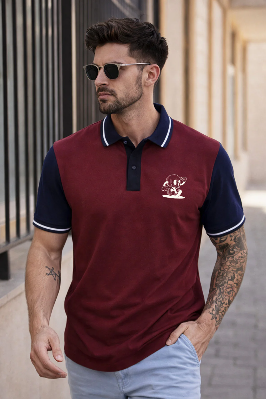 Skull Maroon Contrast Stripped Collar Economic Regular Fit Pique Polo - Image 5
