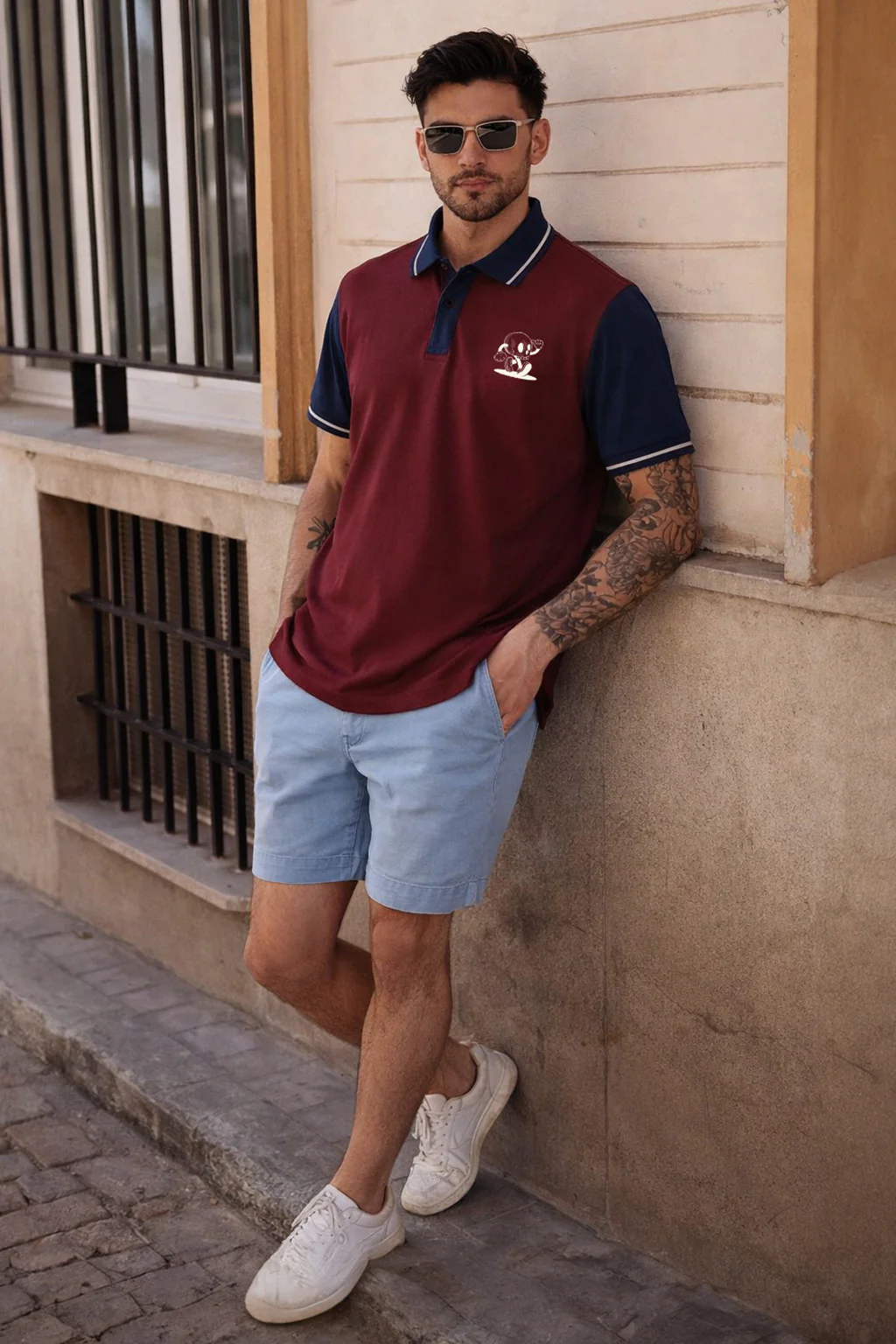 Skull Maroon Contrast Stripped Collar Economic Regular Fit Pique Polo - Image 6