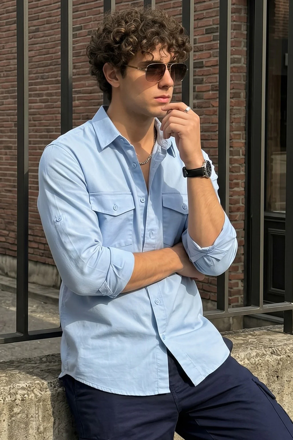 Sky Blue Plain Relaxed Fit Full Sleeve Dual Pocket Utility Exclusive Shirt - Image 3