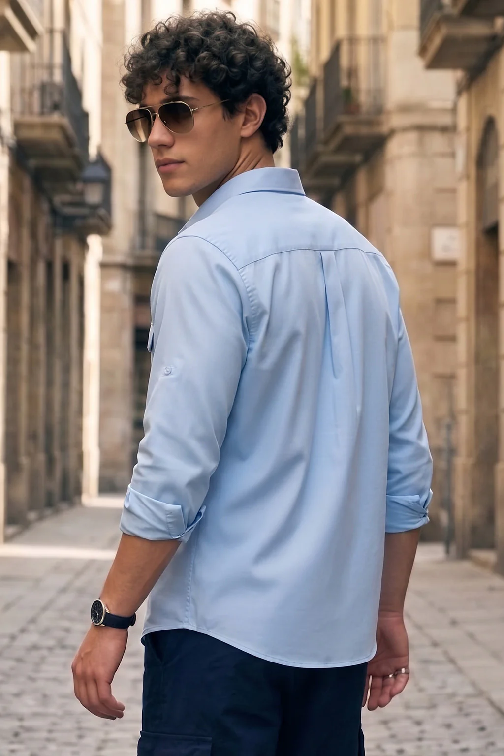 Sky Blue Plain Relaxed Fit Full Sleeve Dual Pocket Utility Exclusive Shirt - Image 4