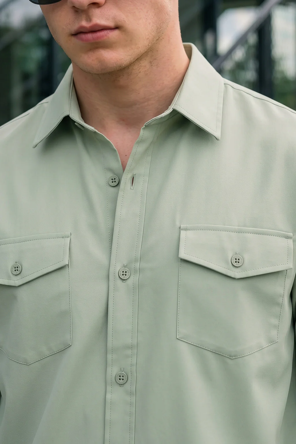 Smoke Green Plain Relaxed Fit Full Sleeve Dual Pocket Utility Exclusive Shirt - Image 2