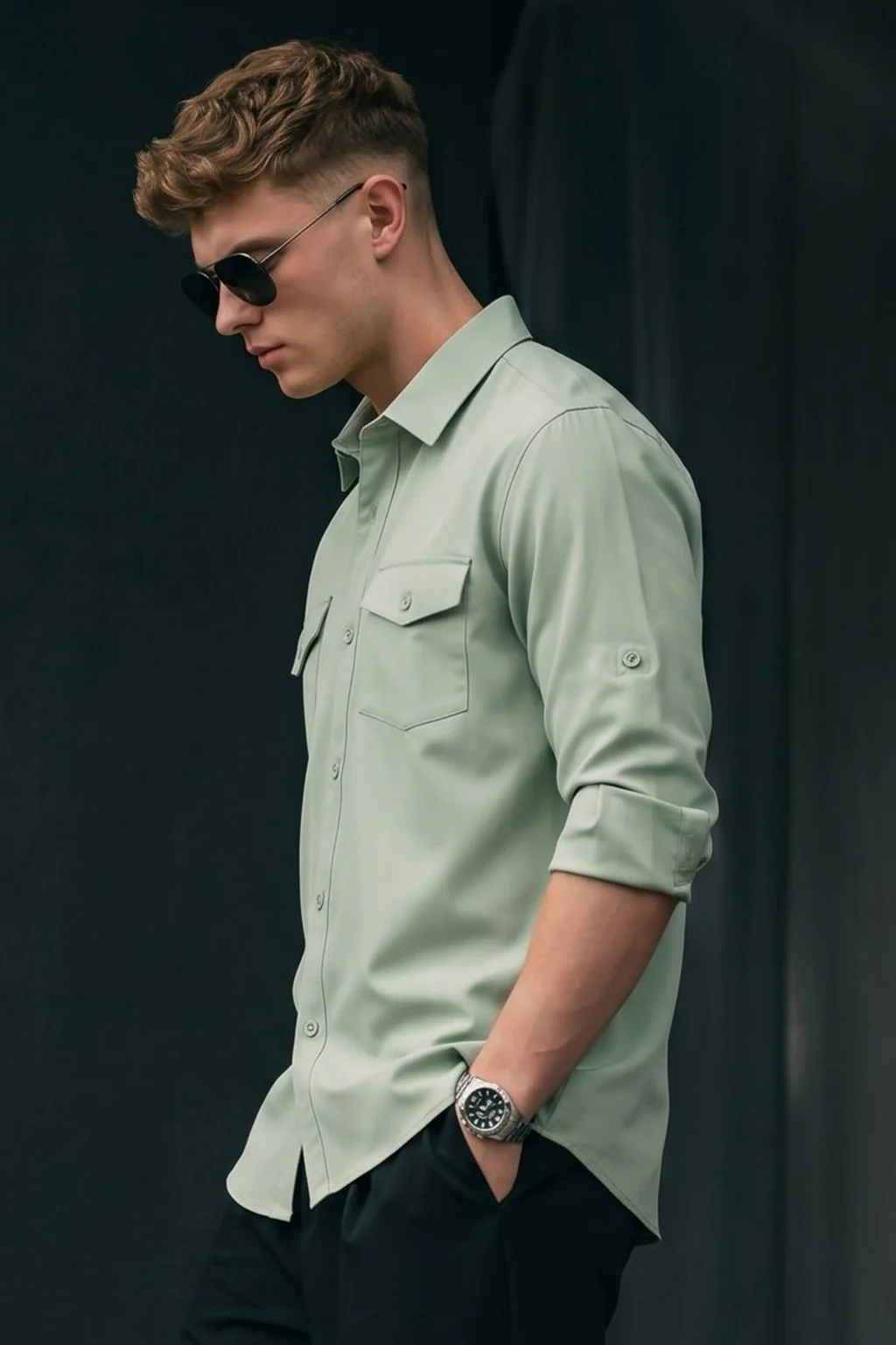 Smoke Green Plain Relaxed Fit Full Sleeve Dual Pocket Utility Exclusive Shirt - Image 3