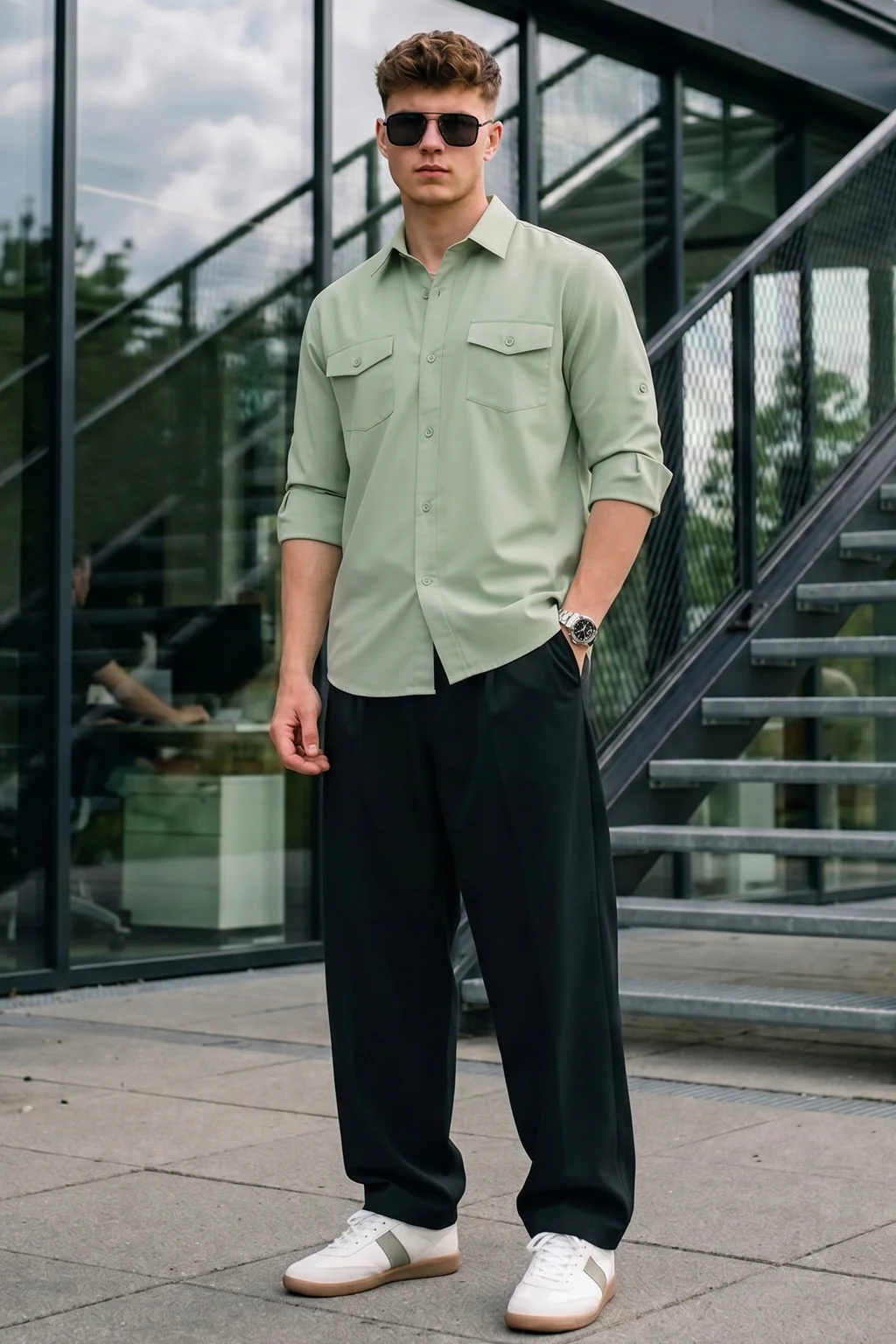 Smoke Green Plain Relaxed Fit Full Sleeve Dual Pocket Utility Exclusive Shirt - Image 5