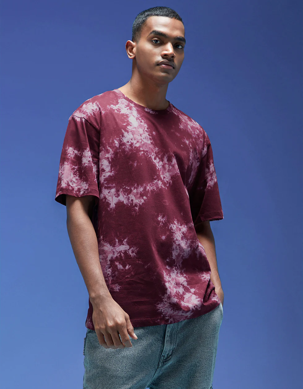 Smoke Maroon Oversized Tie-Die Printed T-shirt