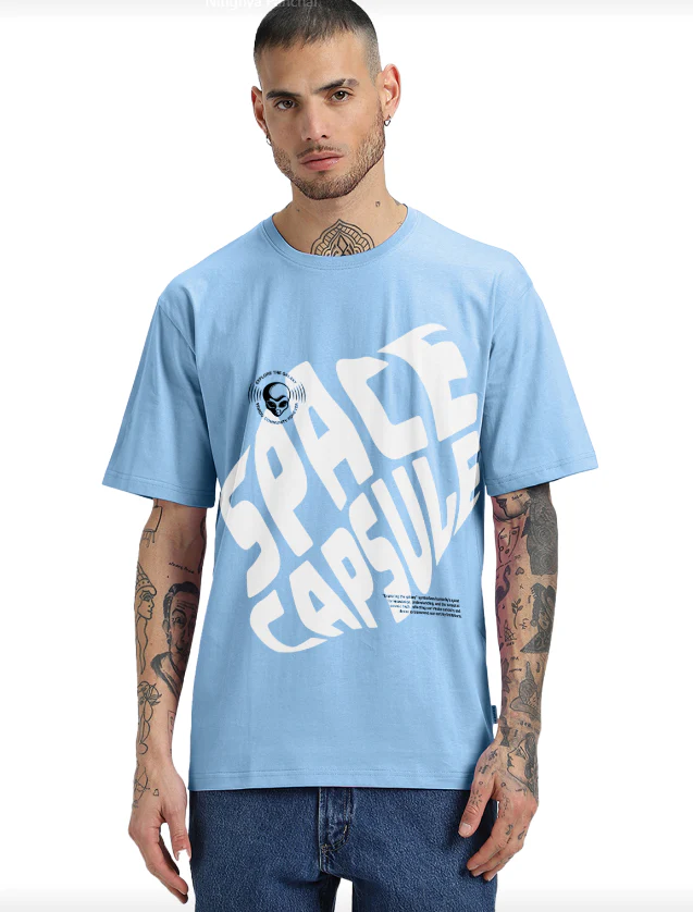 SPACE CAPSULE Blue Oversized Front Graphic Printed T-shirt - Image 4