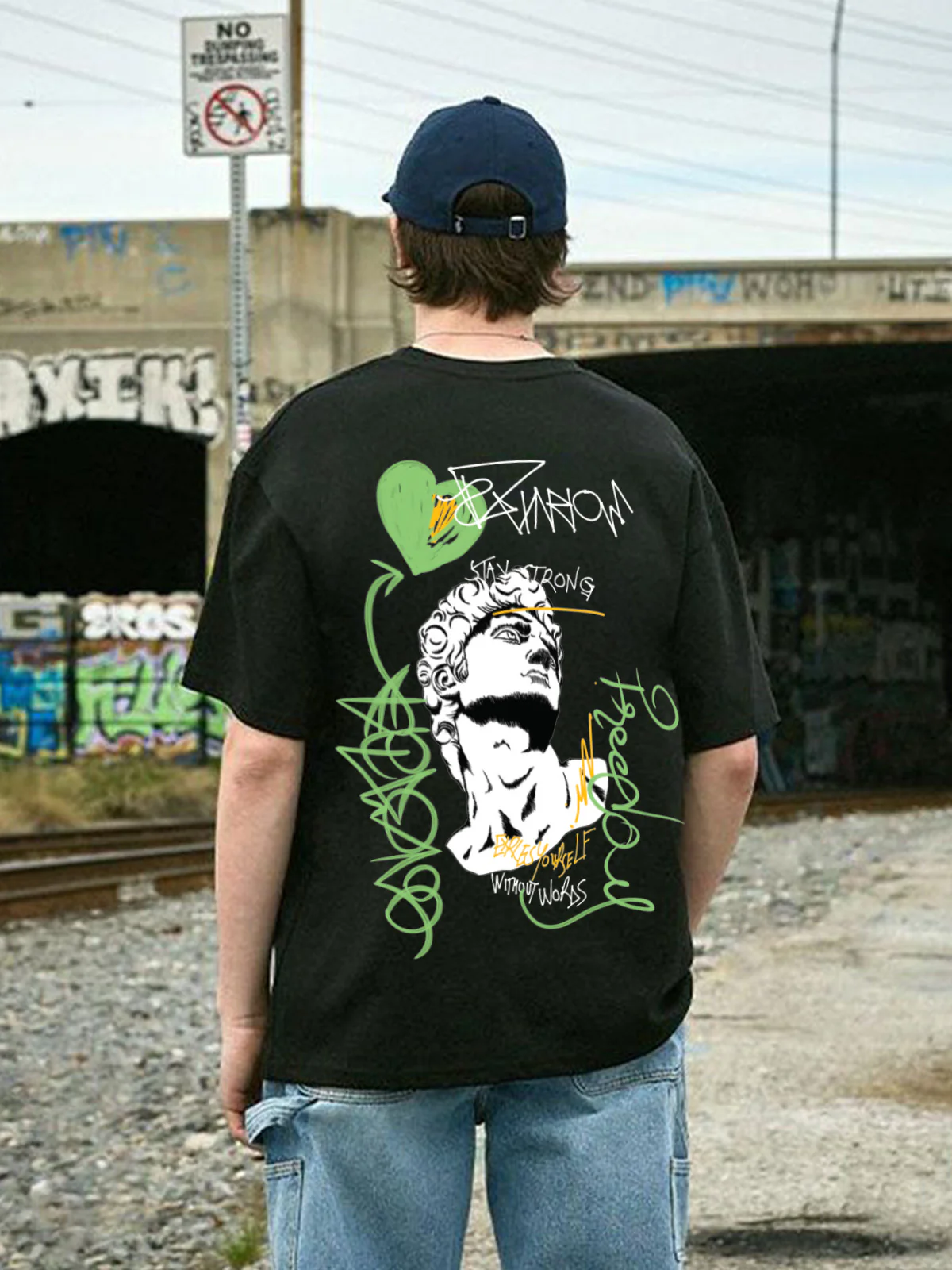 Stay Strong Black Oversized Back Graphic Printed T-shirt - Image 3