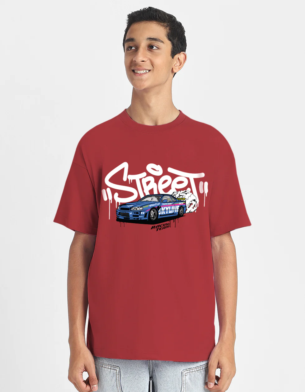 Street Racing Red Oversized Graphic Printed Boys T-shirt - Image 3