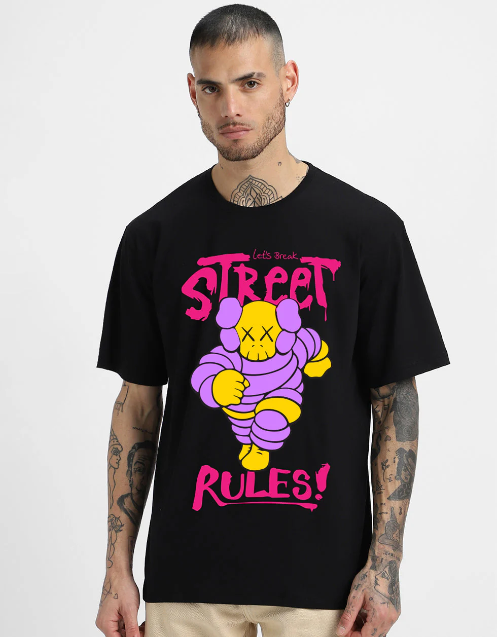 Street Rules Black Oversized Front Graphic Printed T-shirt - Image 3