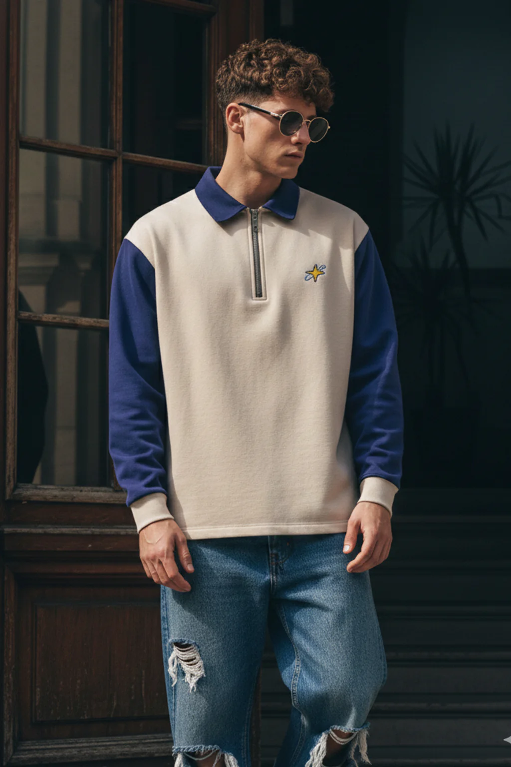 Street Vibe Beige & Navy Oversized Full Sleeve Exclusive Polo T-shirt - Image 2