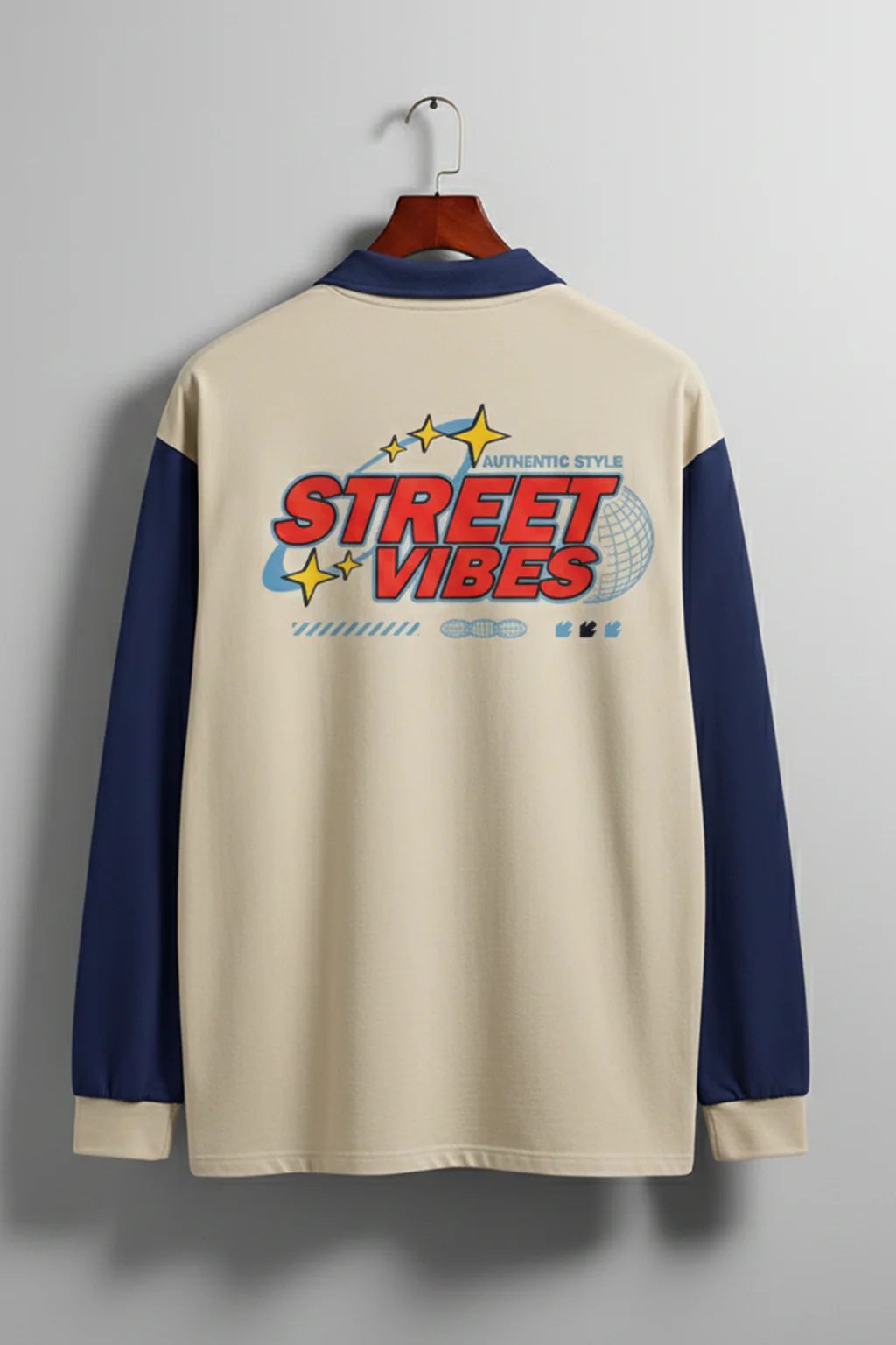 Street Vibe Beige & Navy Oversized Full Sleeve Exclusive Polo T-shirt - Image 3