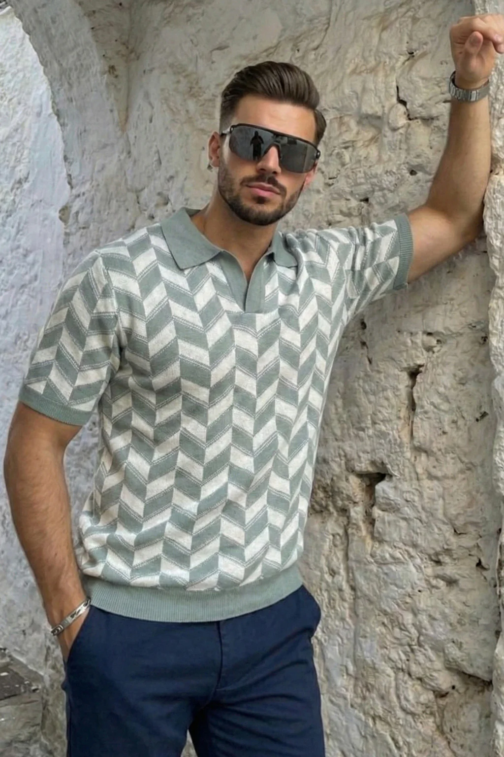 Structured Blue Flatknit Textured Regular Fit Exclusive Polo T-Shirt - Image 3