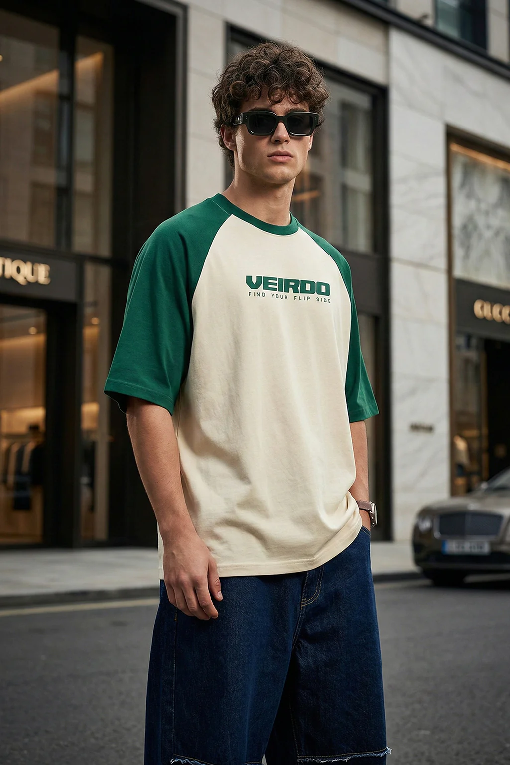 Swanwhite-Bottle Green Raglan Oversized Typography Printed T-shirt - Image 2