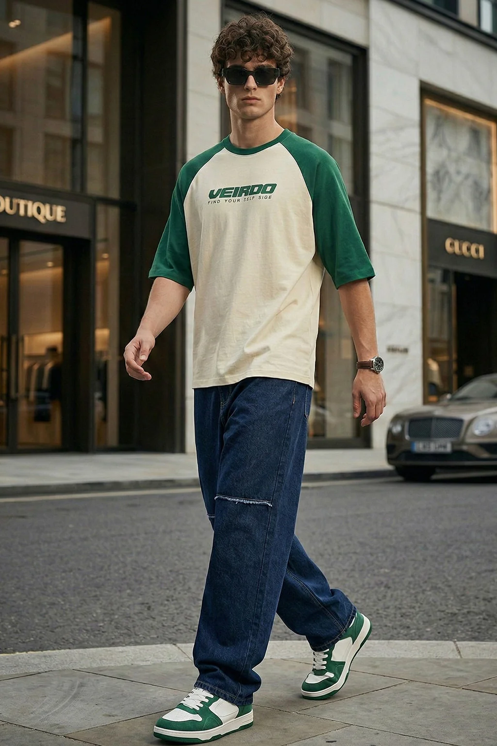 Swanwhite-Bottle Green Raglan Oversized Typography Printed T-shirt - Image 4