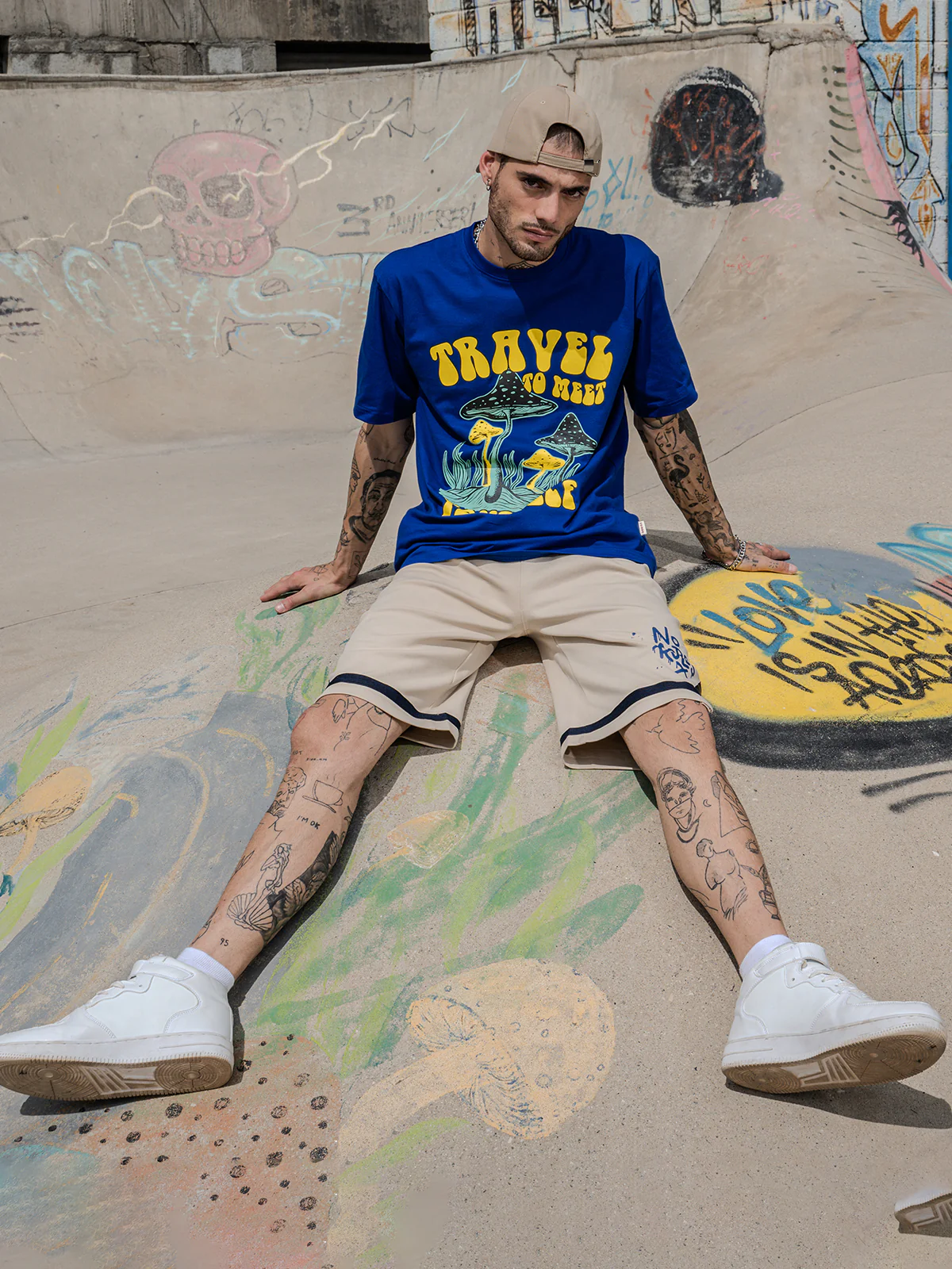 Travel Blue Oversized Chest Graphic Printed T-shirt - Image 4