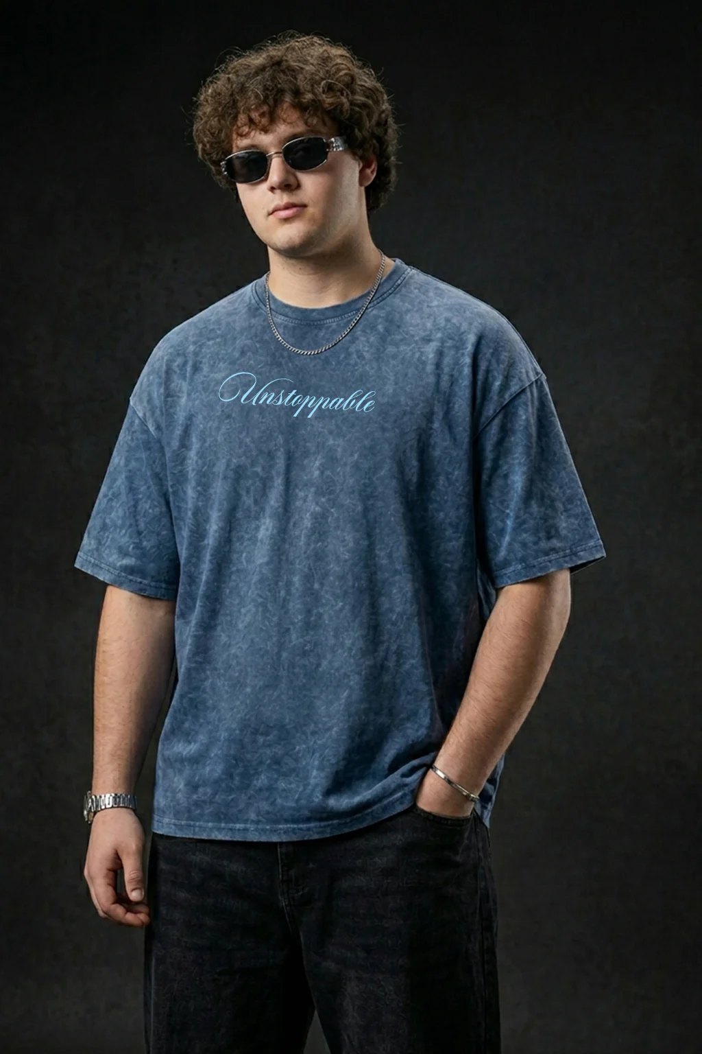 Unstoppable Navy Plus Size Acidwash Printed Exclusive T-Shirt - Image 3