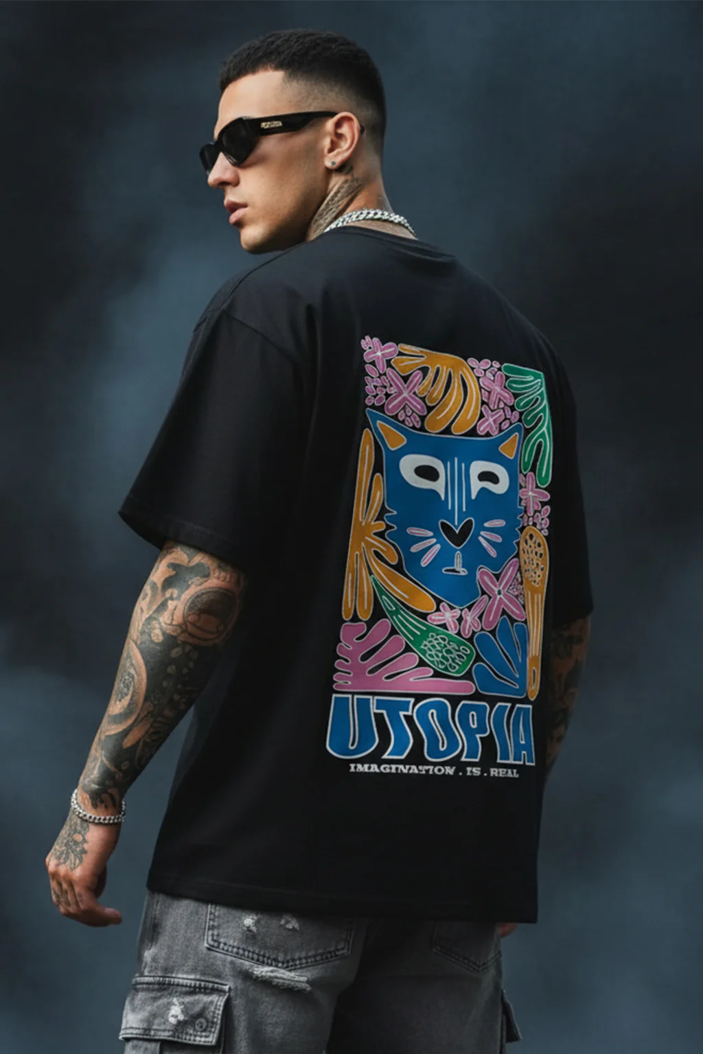 UTOPIA Black Oversized Graphic Back Printed T-shirt - Image 2