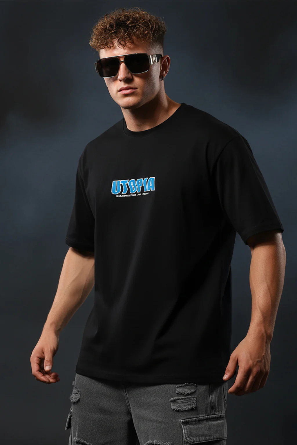 UTOPIA Black Oversized Graphic Back Printed T-shirt - Image 3