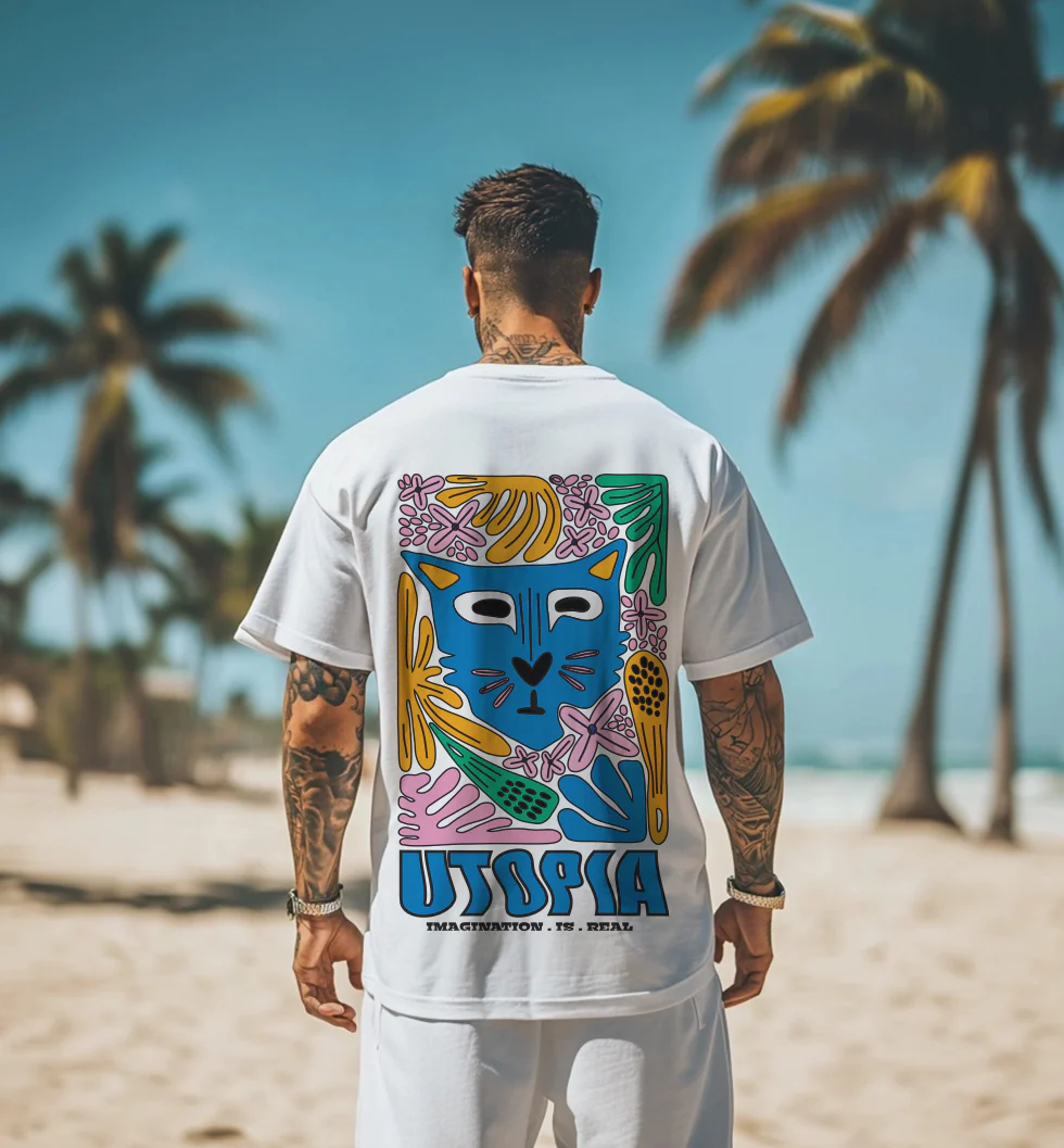 UTOPIA White Oversized Graphic Back Printed T-shirt